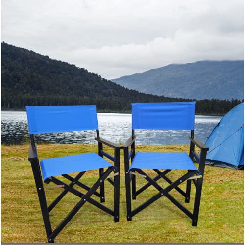 Set of 2 Folding Director Chairs, Solid Wood Canvas Fabric Camping Lawn Chairs, Blue C52888