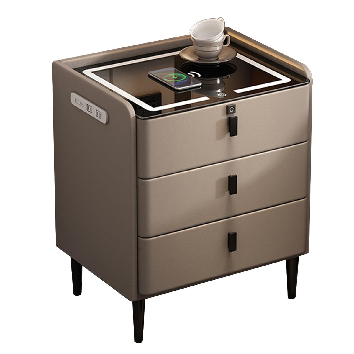 Khaki Nightstand with Wireless Charging Station and 3 Drawers I12674