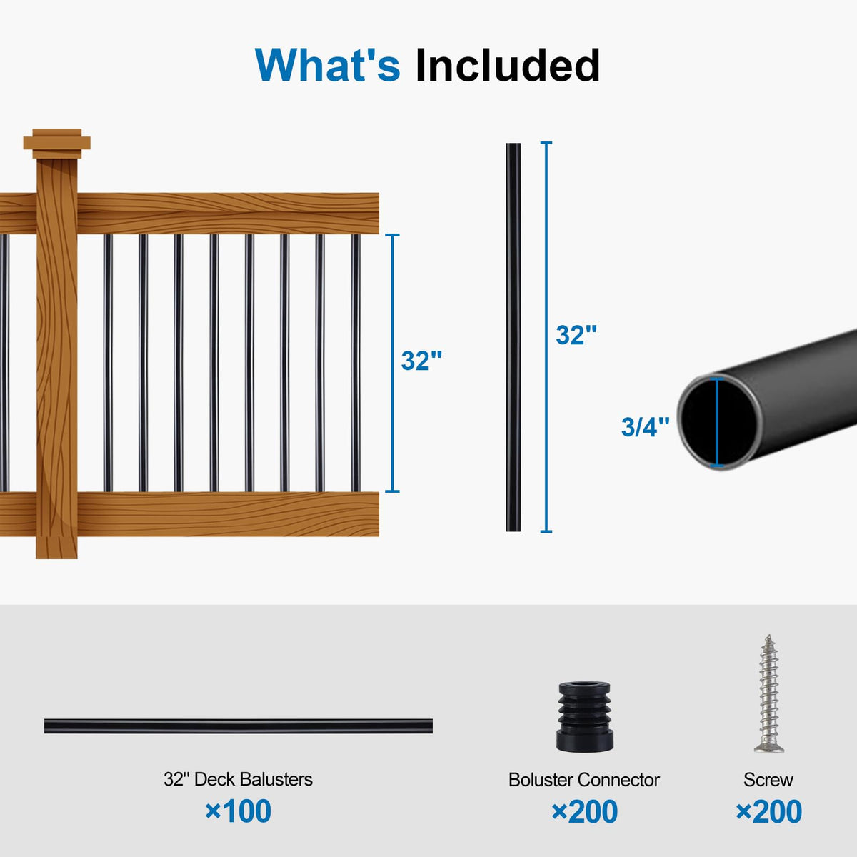 Black Aluminum Deck Balusters 32in x 3/4in 100 Pack L446