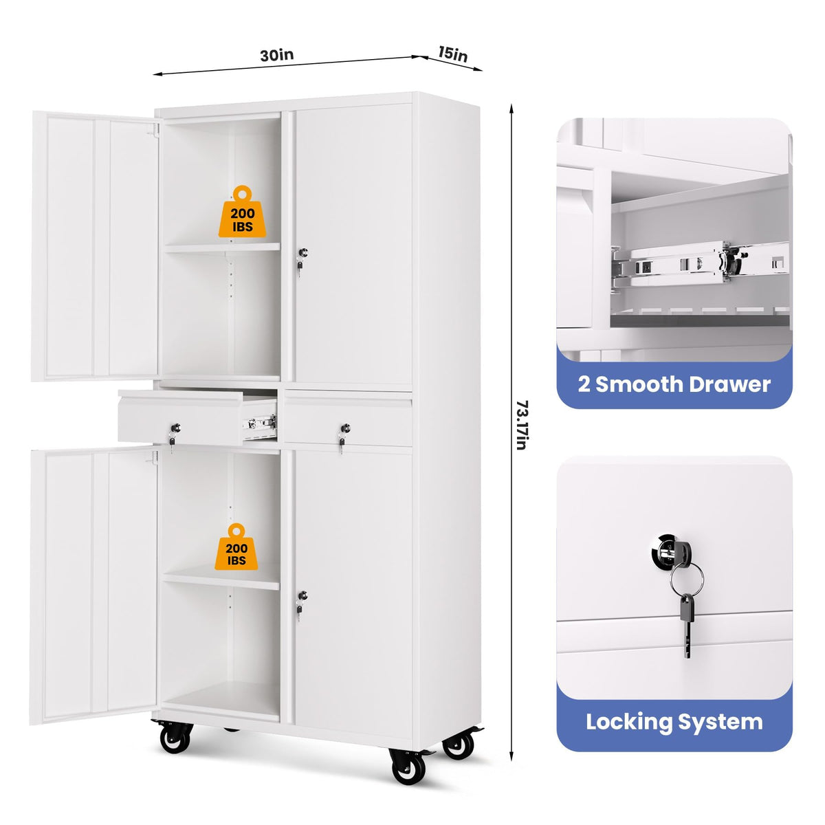 72” Rolling Metal Storage Cabinet with Locking Doors & 2 Drawers D784