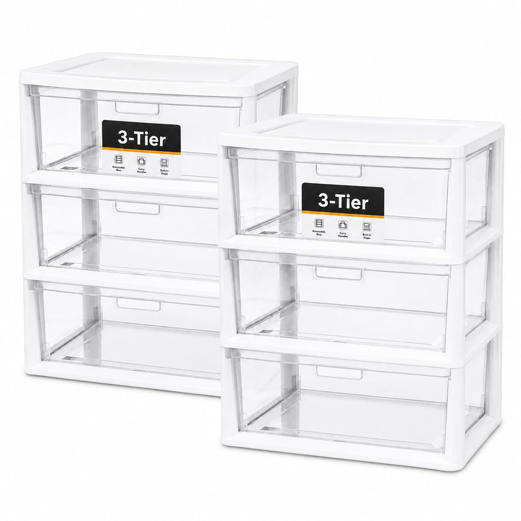 3-Drawer Plastic Storage Tower with Clear Removable Bins W696023