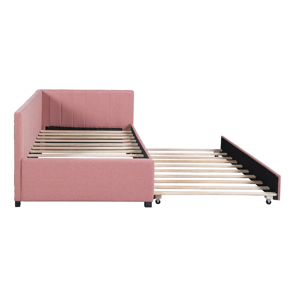 Pink Linen Fabric Twin Size Daybed with Trundle L778
