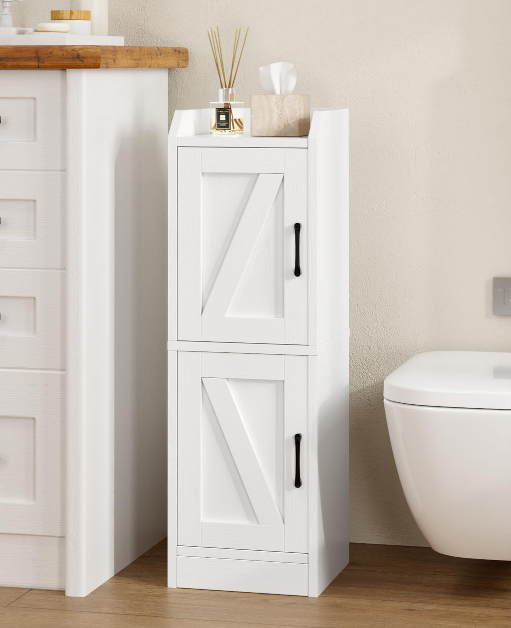 White Narrow Bathroom Storage Cabinet with 2 Doors and Shelves Z1020