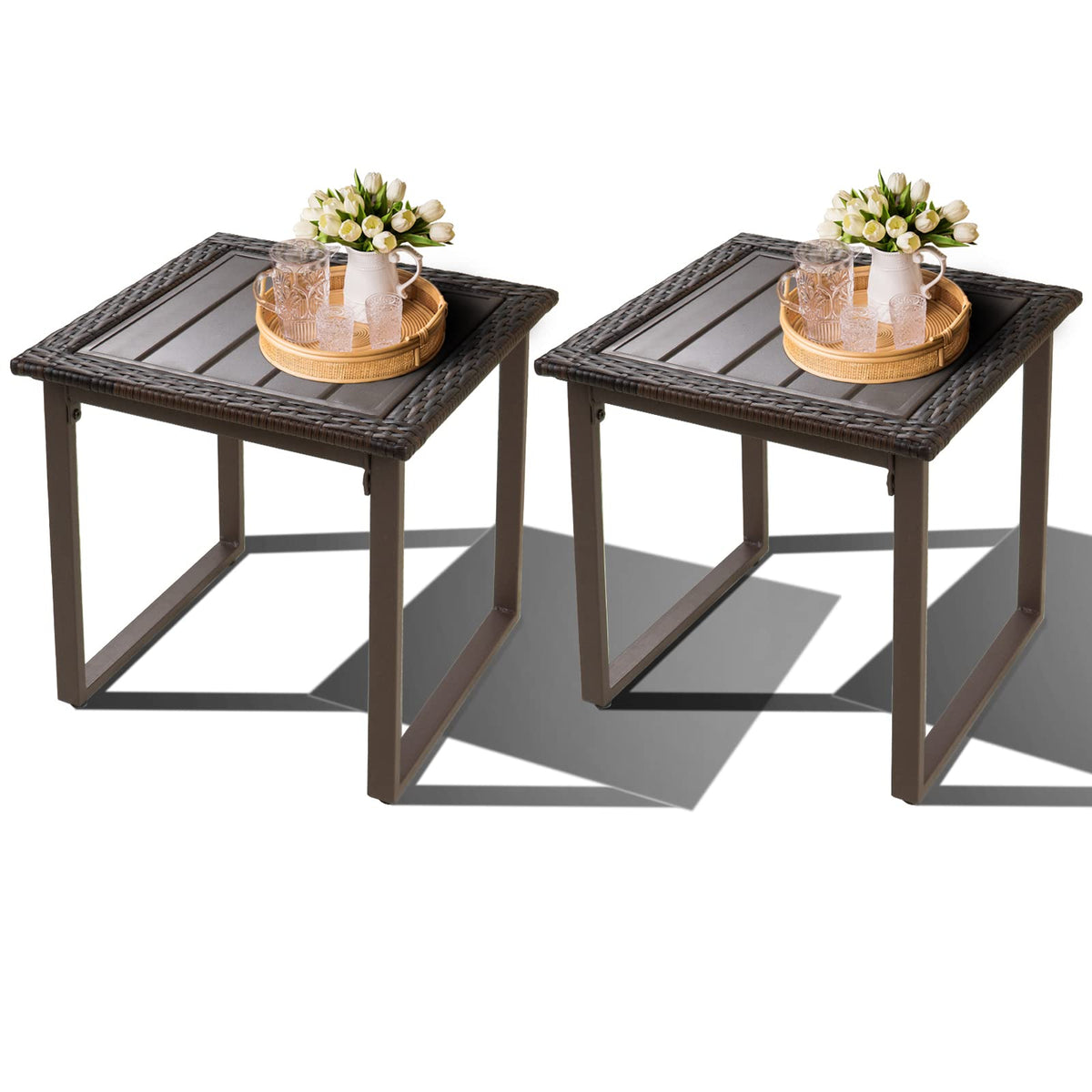 Brown Wicker Outdoor Side Table Set of 2 C22199