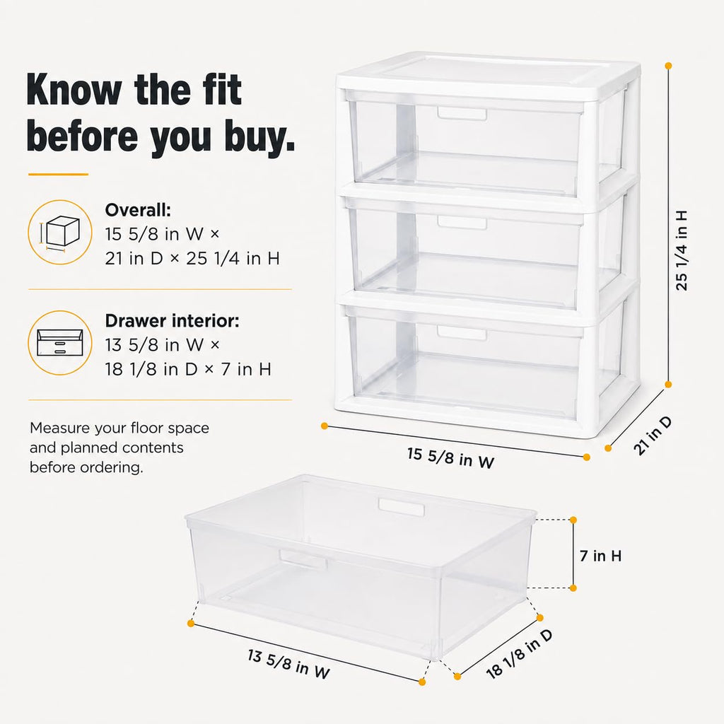3-Drawer Plastic Storage Tower with Clear Removable Bins W696023