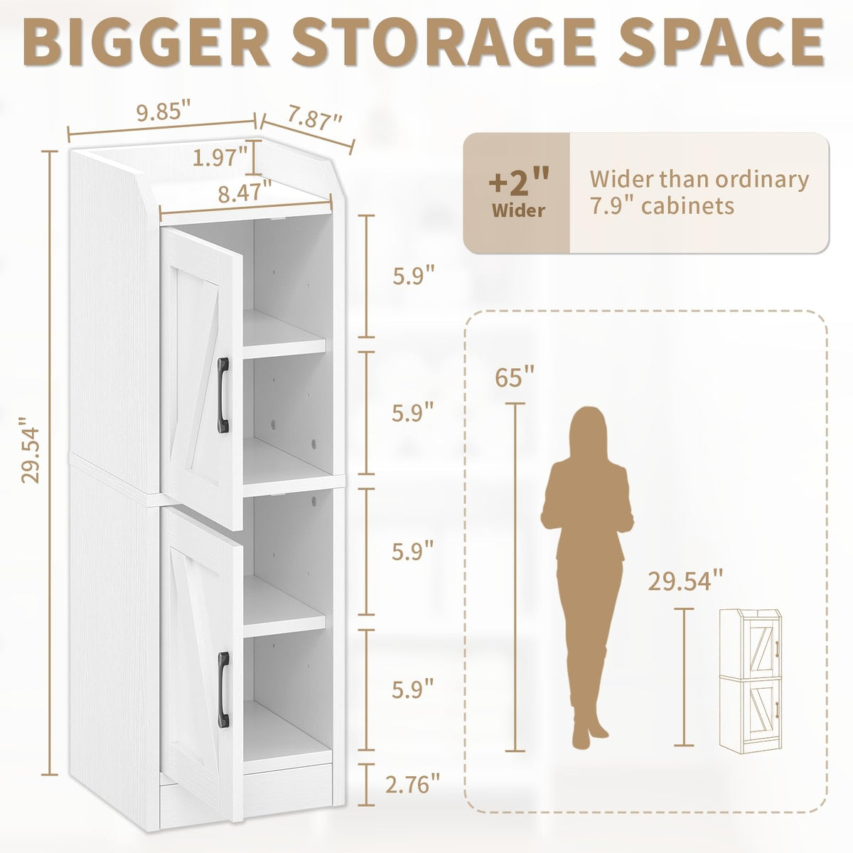 White Narrow Bathroom Storage Cabinet with 2 Doors and Shelves Z1020