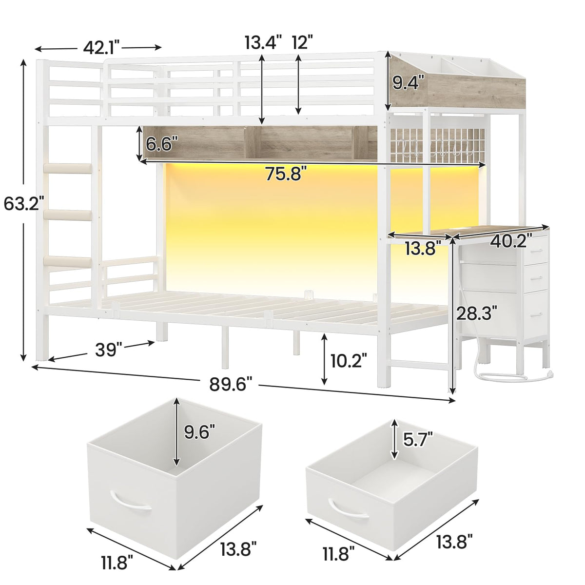 White Twin Over Twin Metal Bunk Bed with Desk and 3 Storage Drawers R70320
