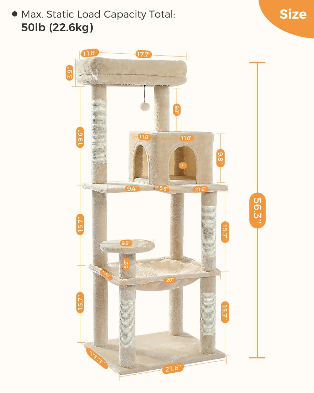 Beige 56.3" 6-Tier Cat Tree with Hammock and Condo O5730
