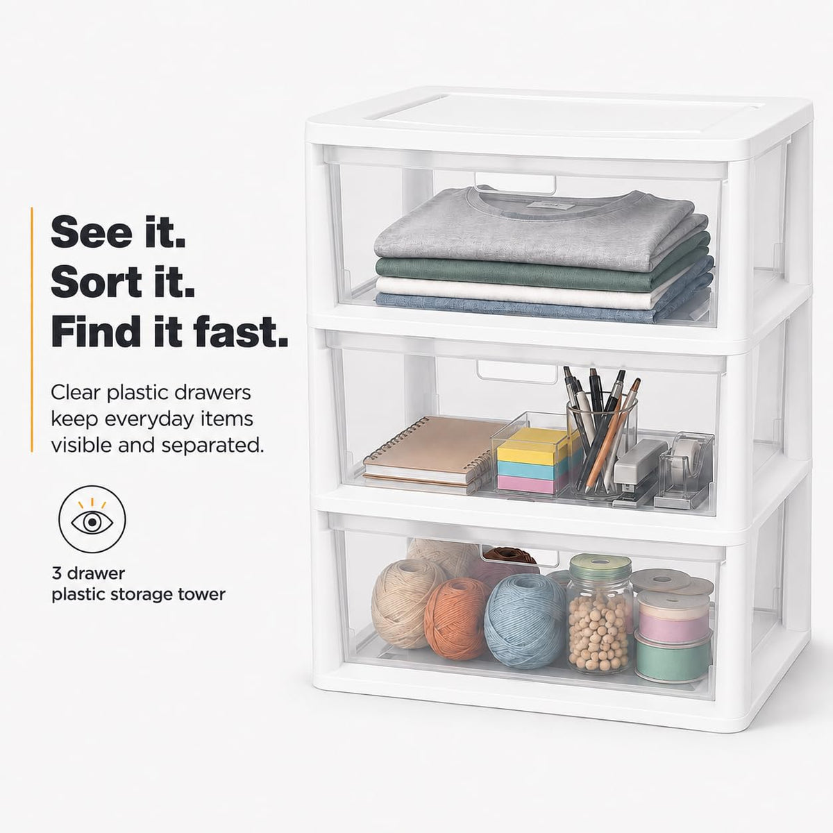 3-Drawer Plastic Storage Tower with Clear Removable Bins W696023