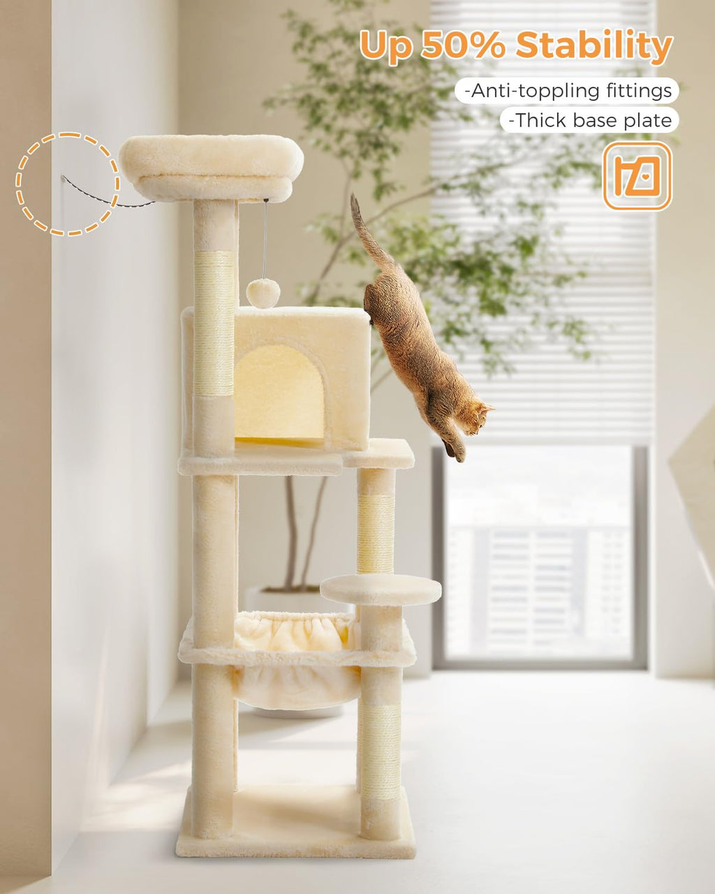Beige 56.3" 6-Tier Cat Tree with Hammock and Condo O5730