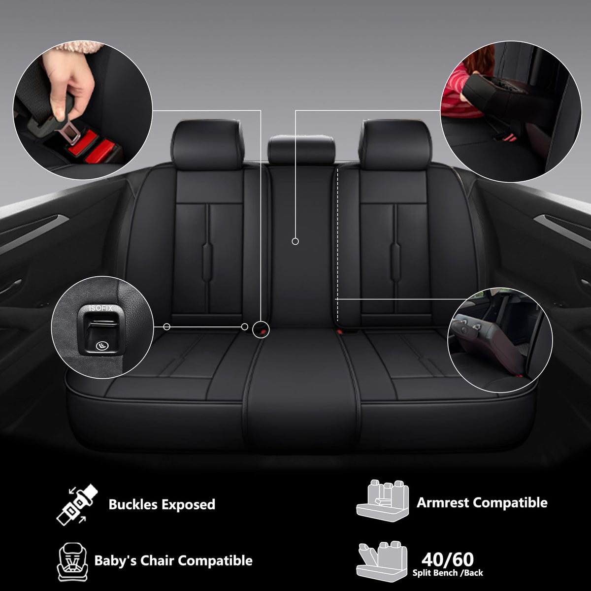 Black Leather 5-Seats Car Seat Covers O7734