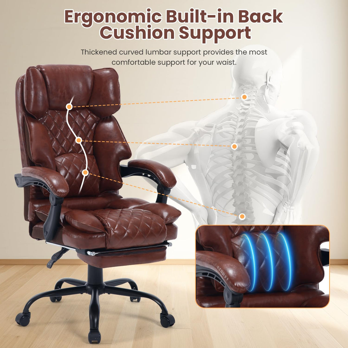 Brown Reclining Ergonomic Office Chair with Footrest U39940