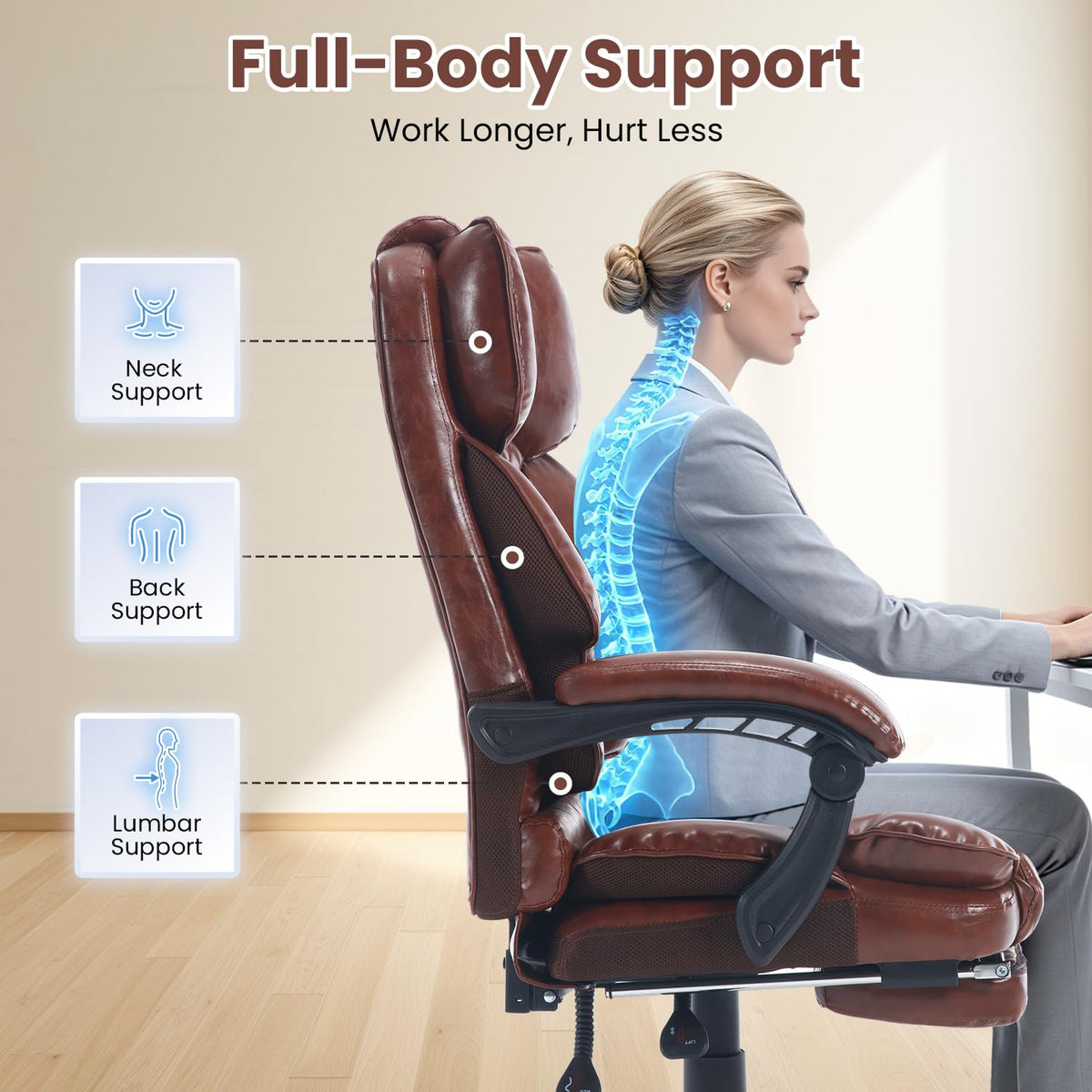 Brown Reclining Ergonomic Office Chair with Footrest U39940