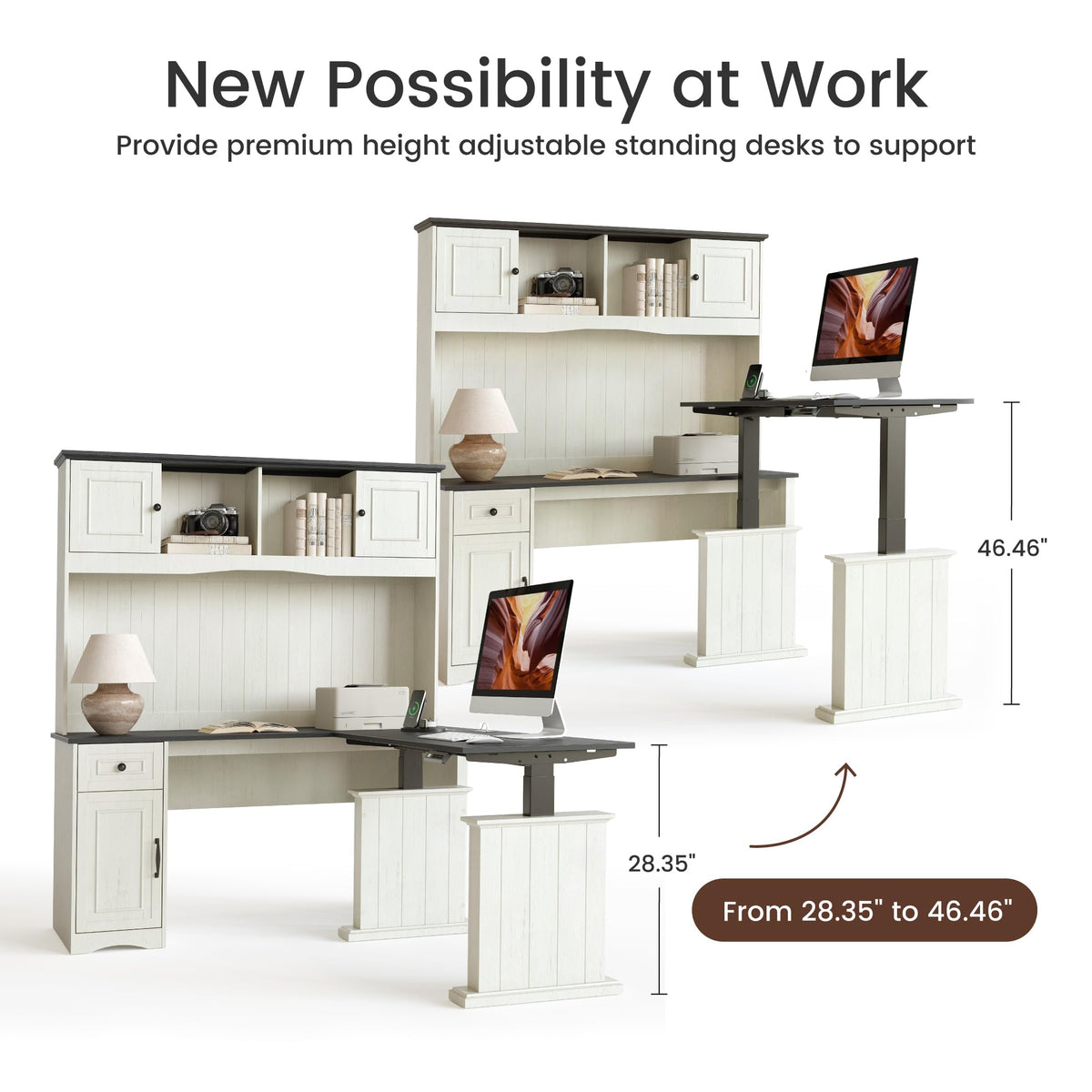 L Shaped Electric Standing Desk with Hutch and Drawers, Antique White N159