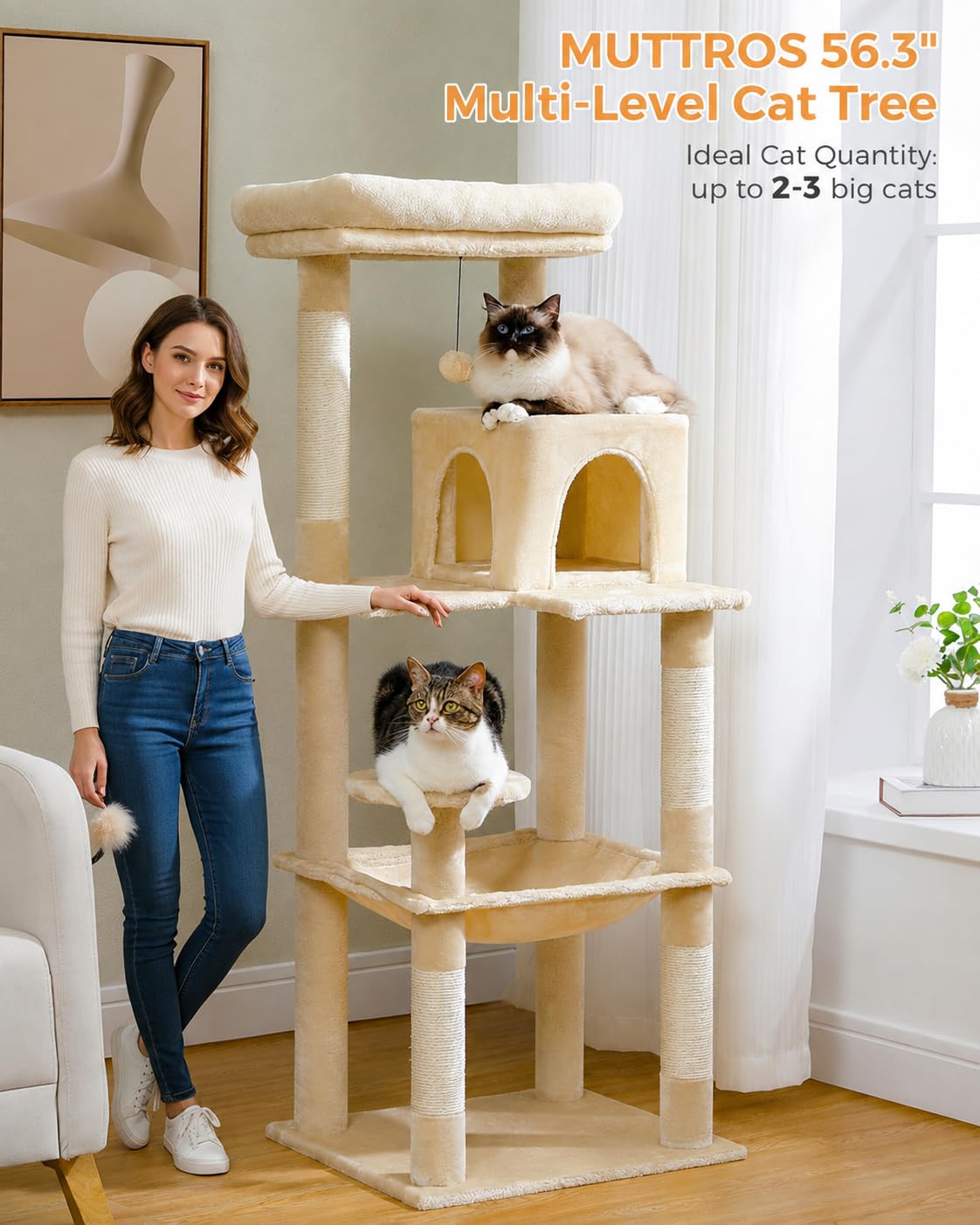 Beige 56.3" 6-Tier Cat Tree with Hammock and Condo O5730