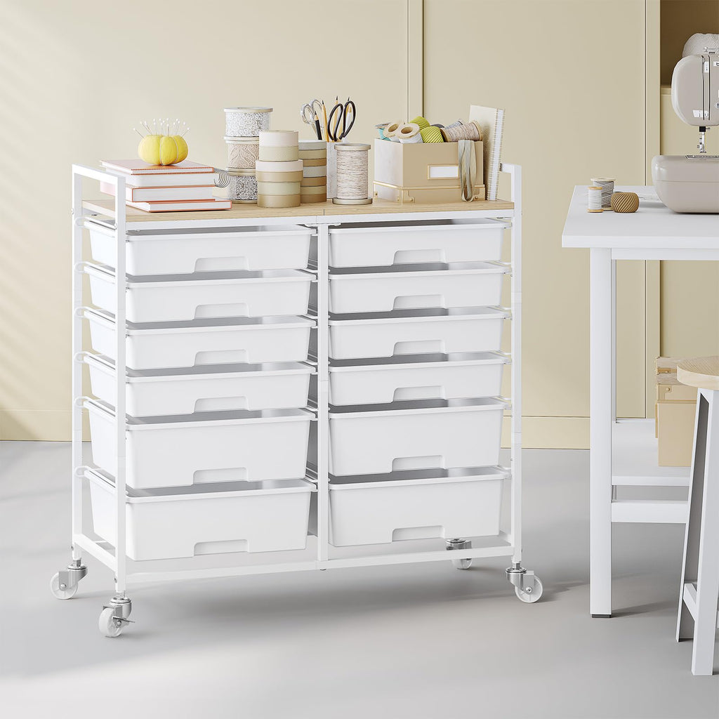 White 12 Drawers Rolling Storage Cart with Wooden Top R301007