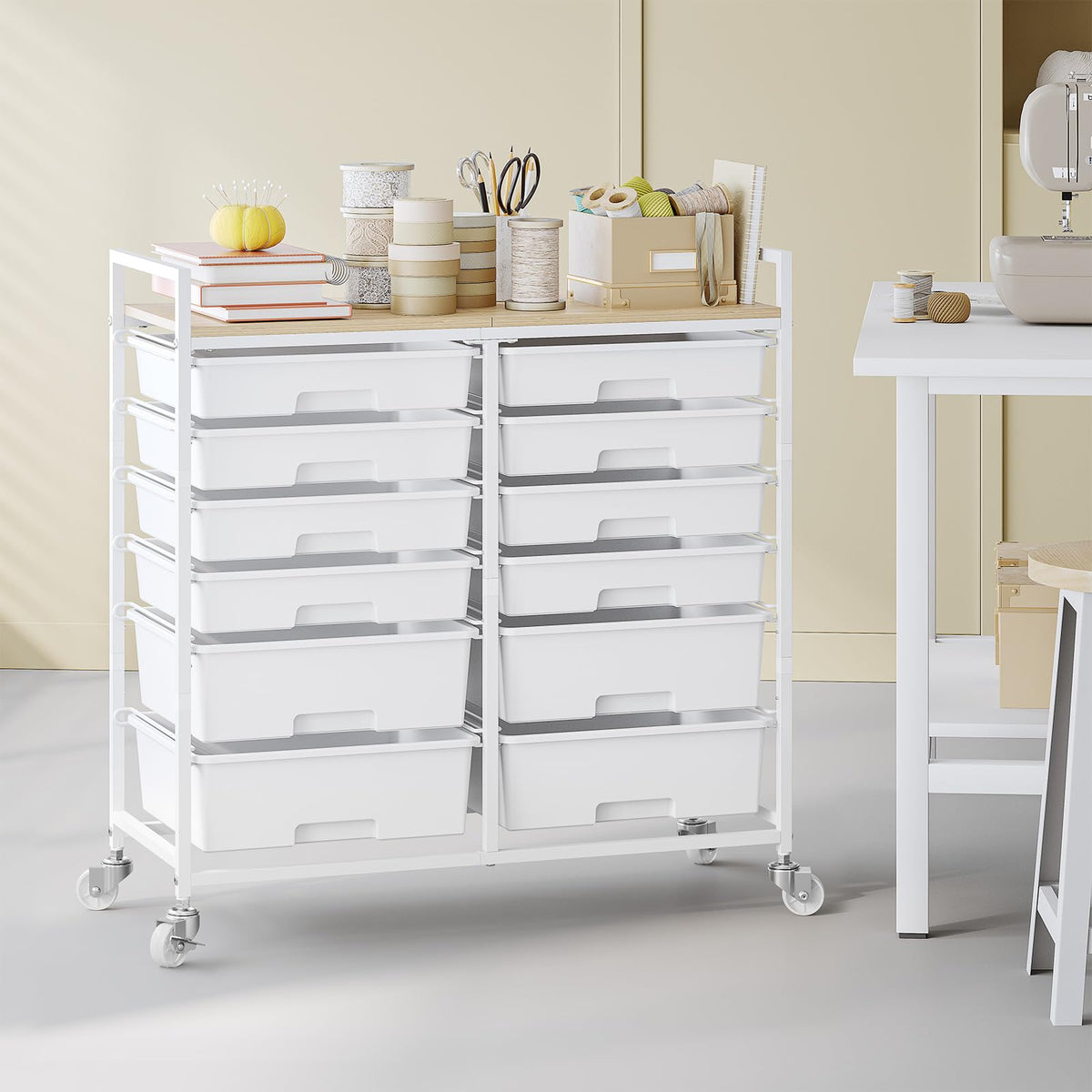 White 12 Drawers Rolling Storage Cart with Wooden Top R301007