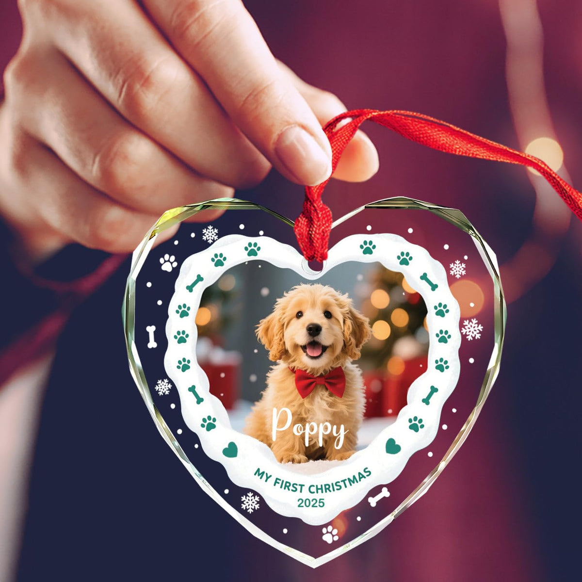 Personalized Dog's Name & Photo Heart Glass Ornament A3071