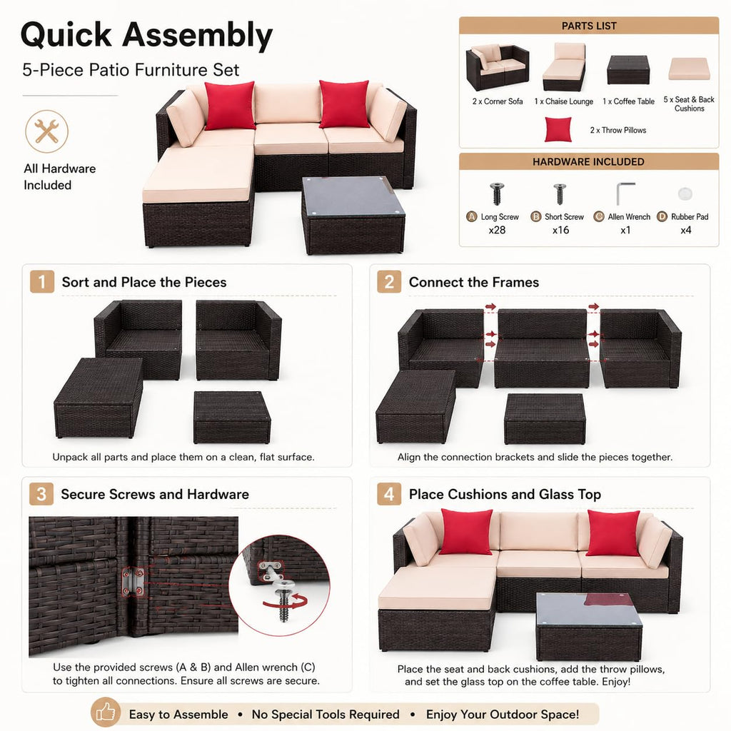 5-Piece Brown Wicker Outdoor Sofa Set with Cushions G696