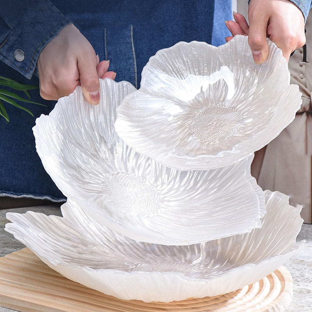 Fruit Bowl Flower Shape Fruit Plate 3 Sets Crystal Glass Pearlescent White K664228