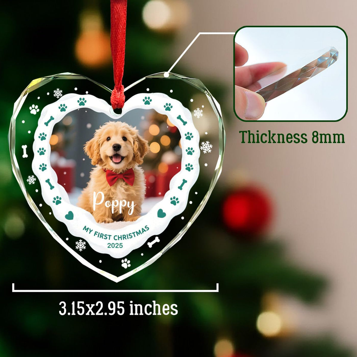 Personalized Dog's Name & Photo Heart Glass Ornament A3071
