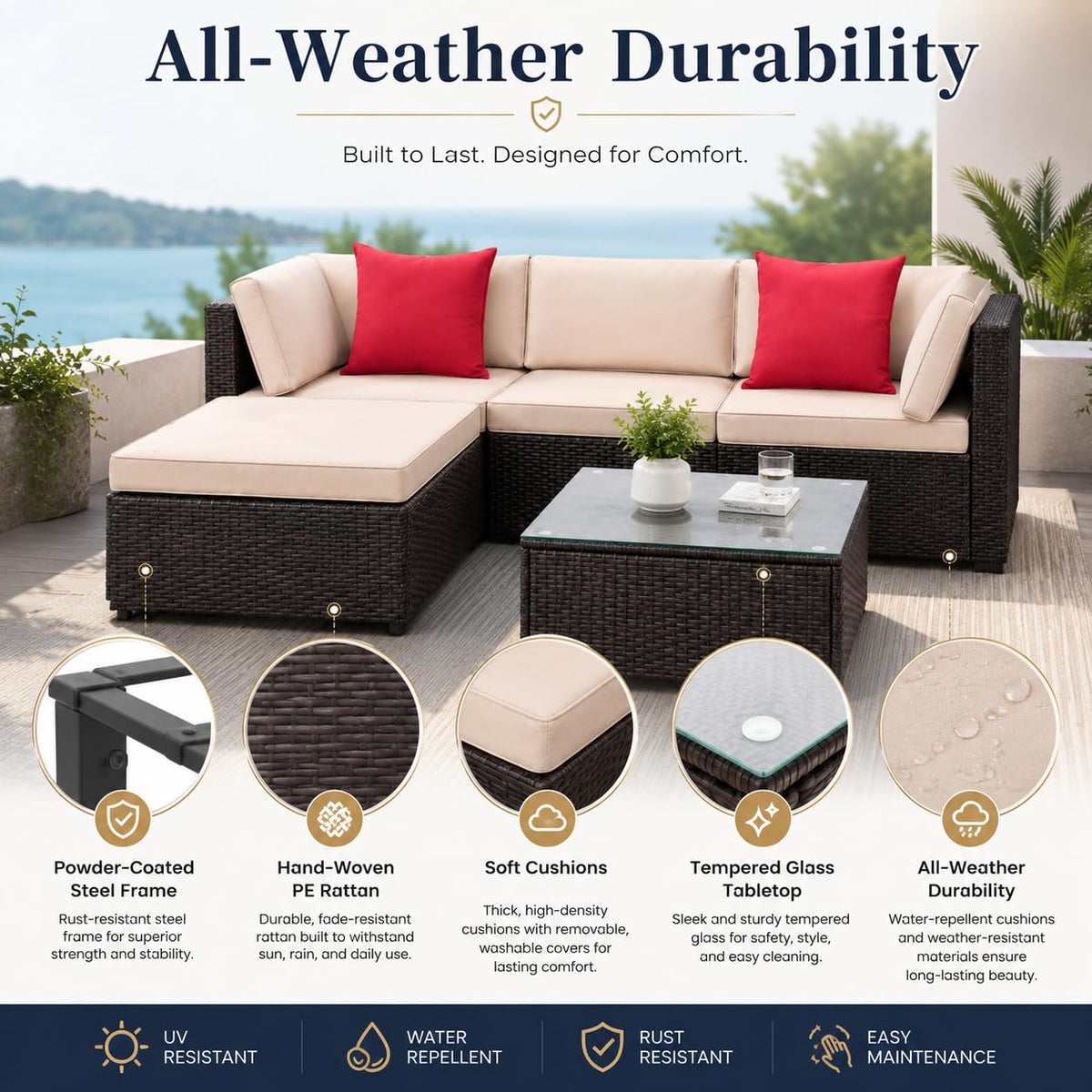 5-Piece Brown Wicker Outdoor Sofa Set with Cushions G696