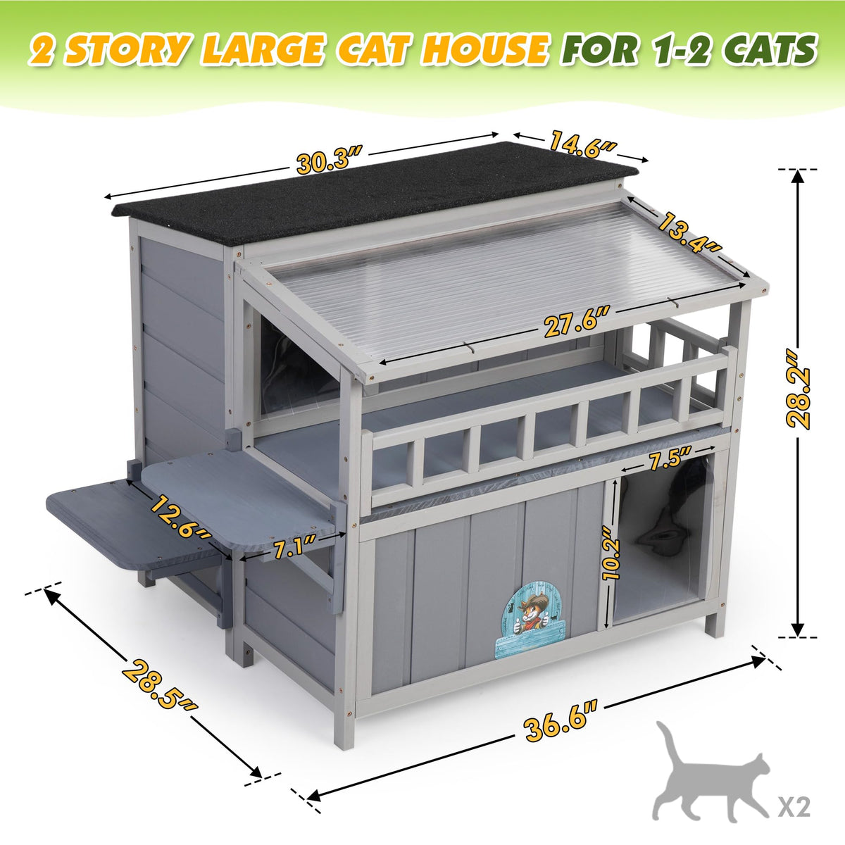 2-Tier Weatherproof Wooden Outdoor Cat House J57909