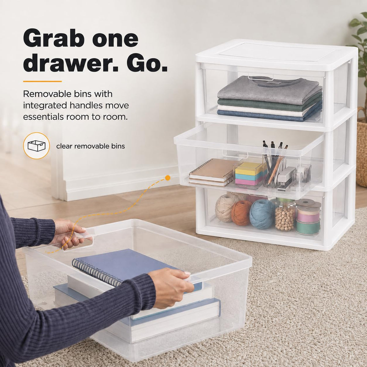 3-Drawer Plastic Storage Tower with Clear Removable Bins W696023