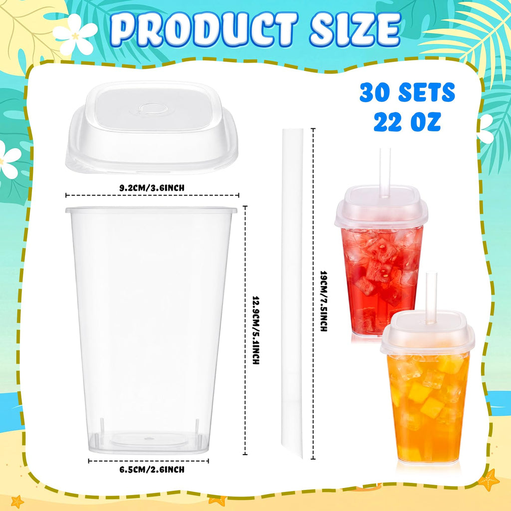 30 Pack 22 oz Clear Plastic Cups with Lids & Straws D8456