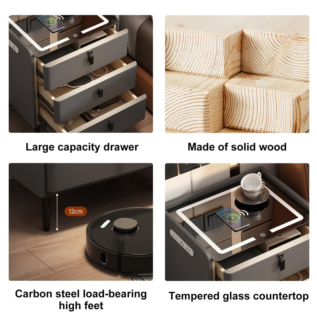 Khaki Nightstand with Wireless Charging Station and 3 Drawers I12674