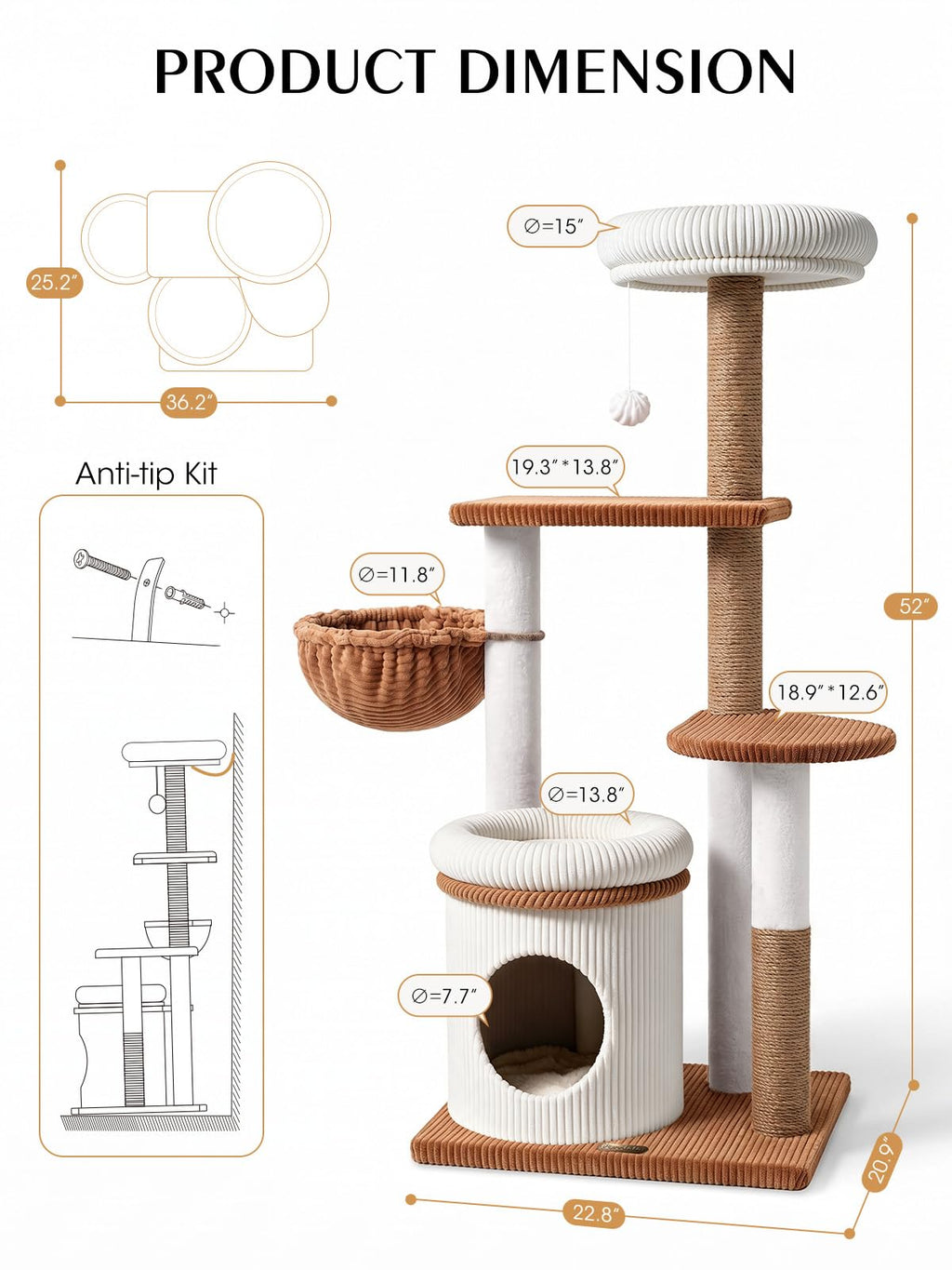 52" Corduroy Cat Tree Tower L5919