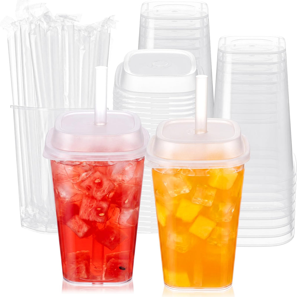 30 Pack 22 oz Clear Plastic Cups with Lids & Straws D8456