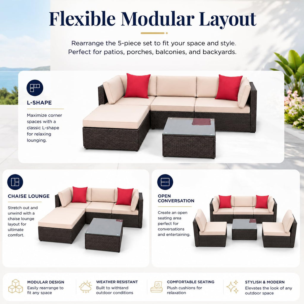 5-Piece Brown Wicker Outdoor Sofa Set with Cushions G696