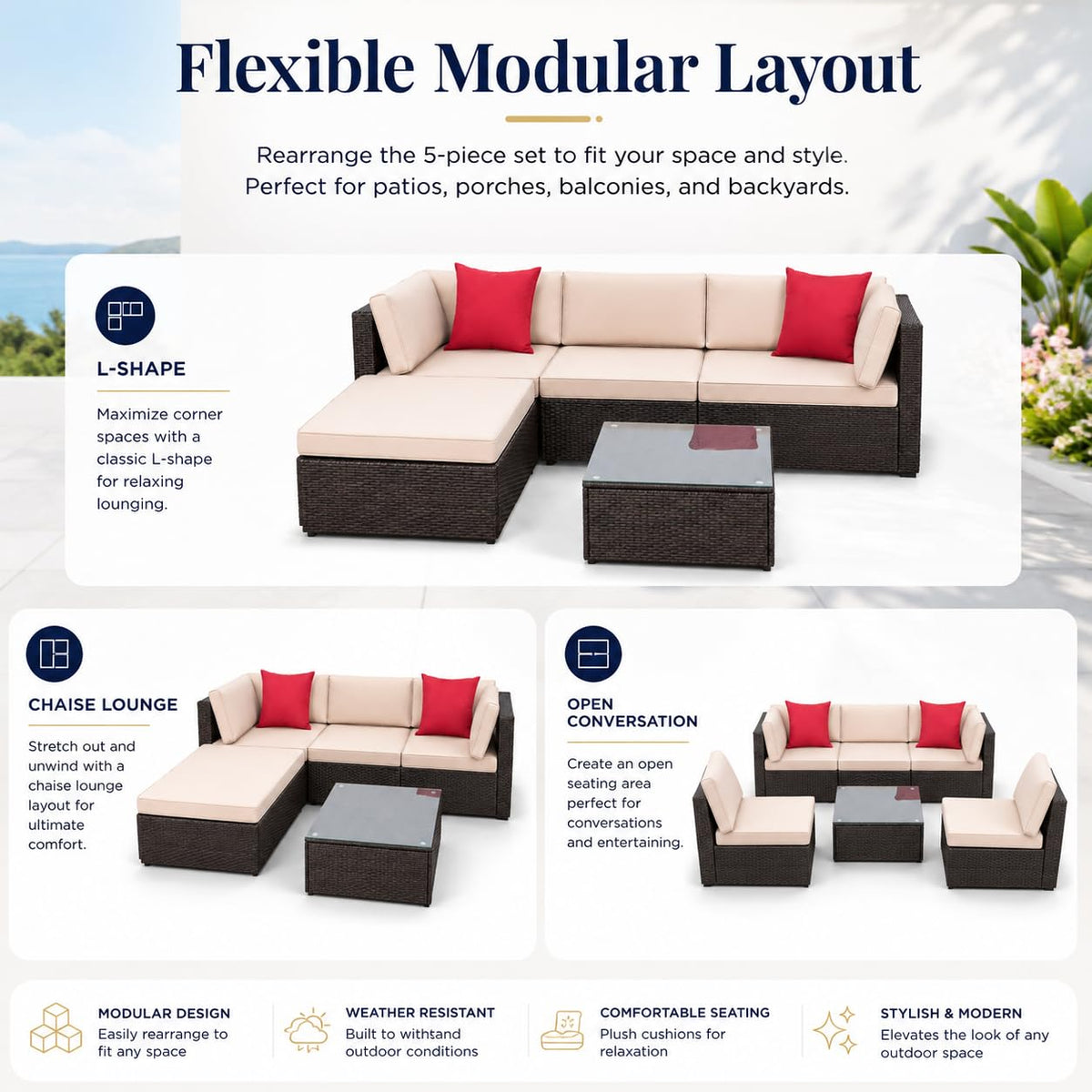 5-Piece Brown Wicker Outdoor Sofa Set with Cushions G696