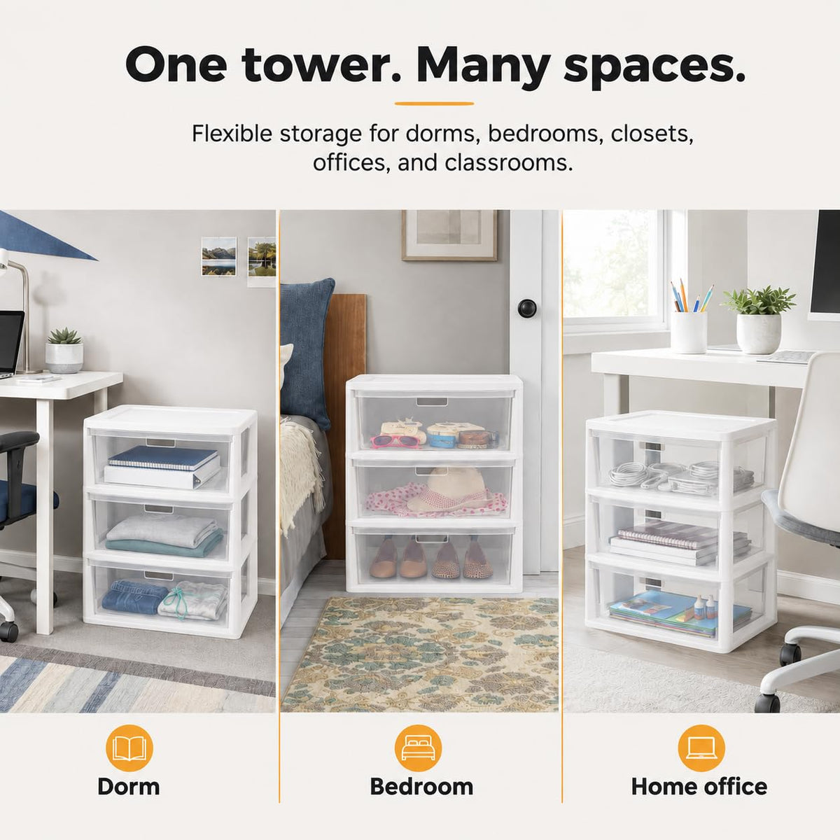 3-Drawer Plastic Storage Tower with Clear Removable Bins W696023