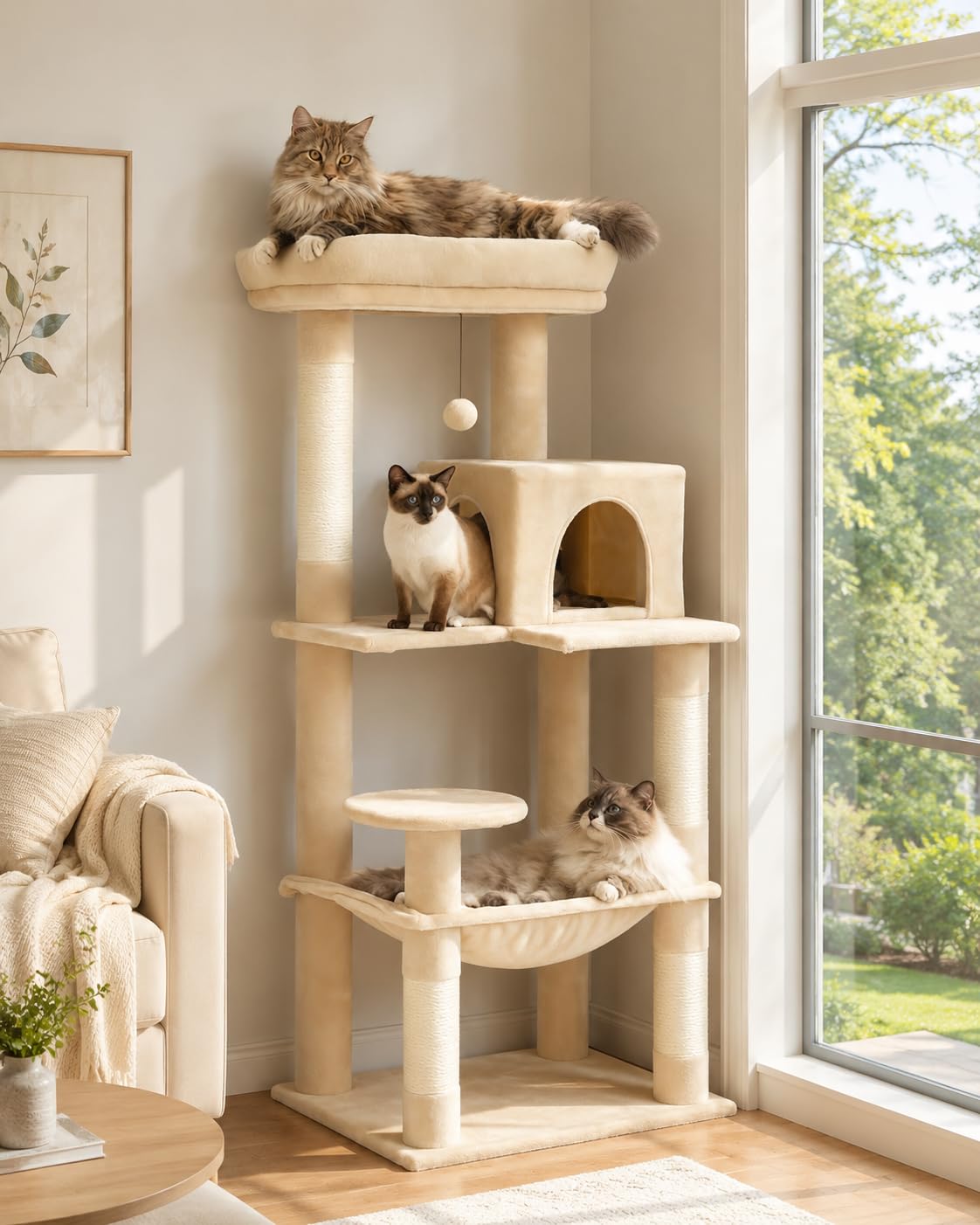 Beige 56.3" 6-Tier Cat Tree with Hammock and Condo O5730