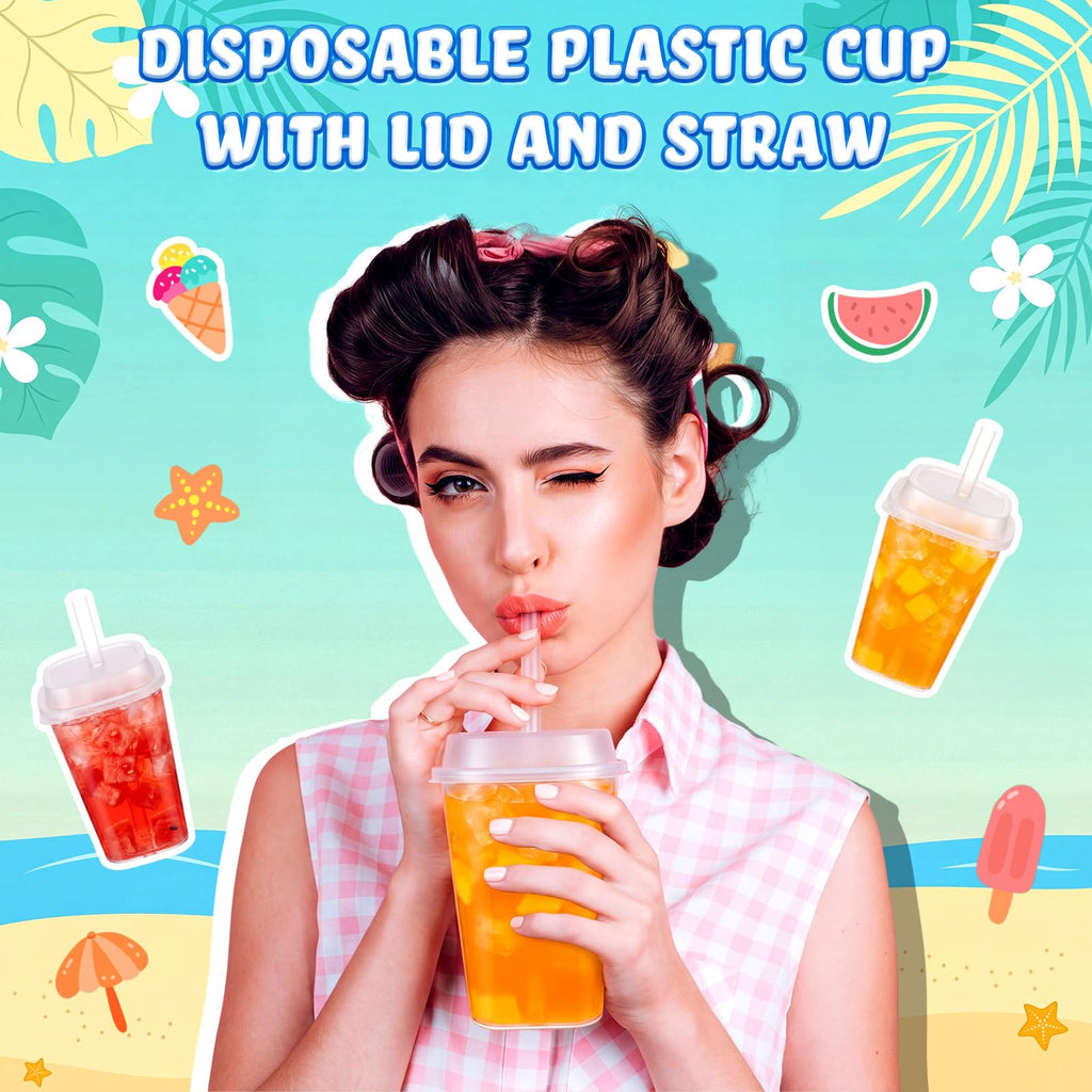 30 Pack 22 oz Clear Plastic Cups with Lids & Straws D8456