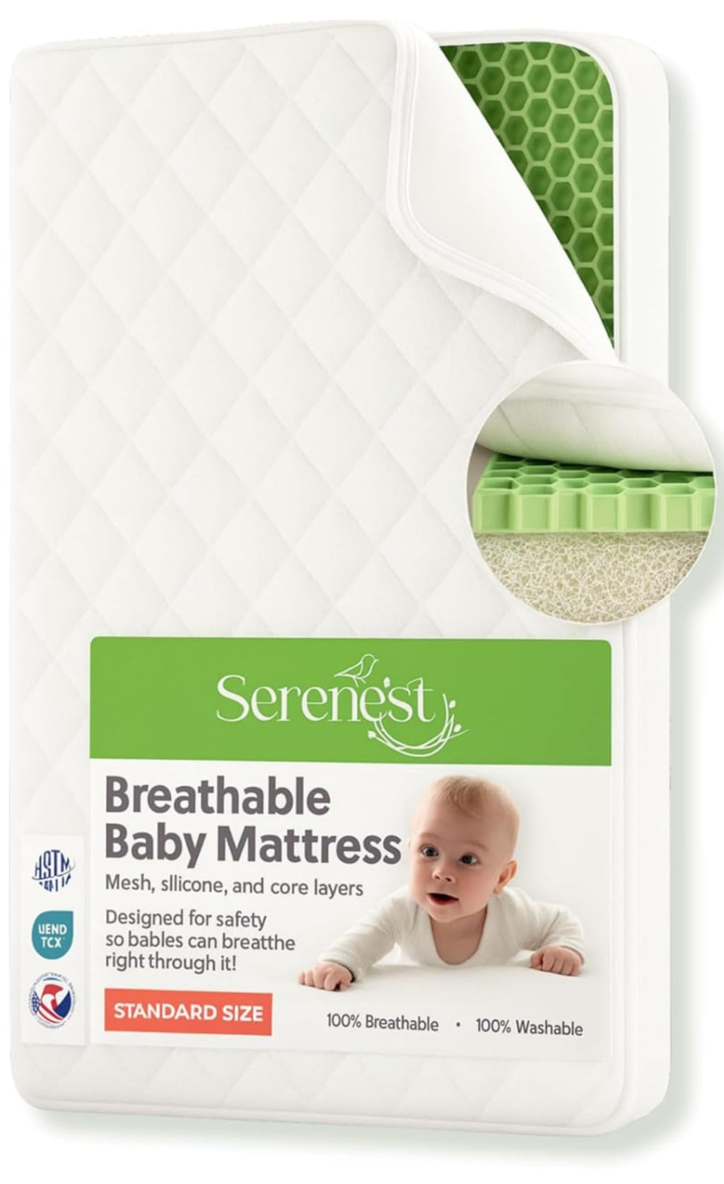 Breathable Baby Crib Mattress & Toddler Bed, Washable, Waterproof, Non-Toxic, Standard Size V22856