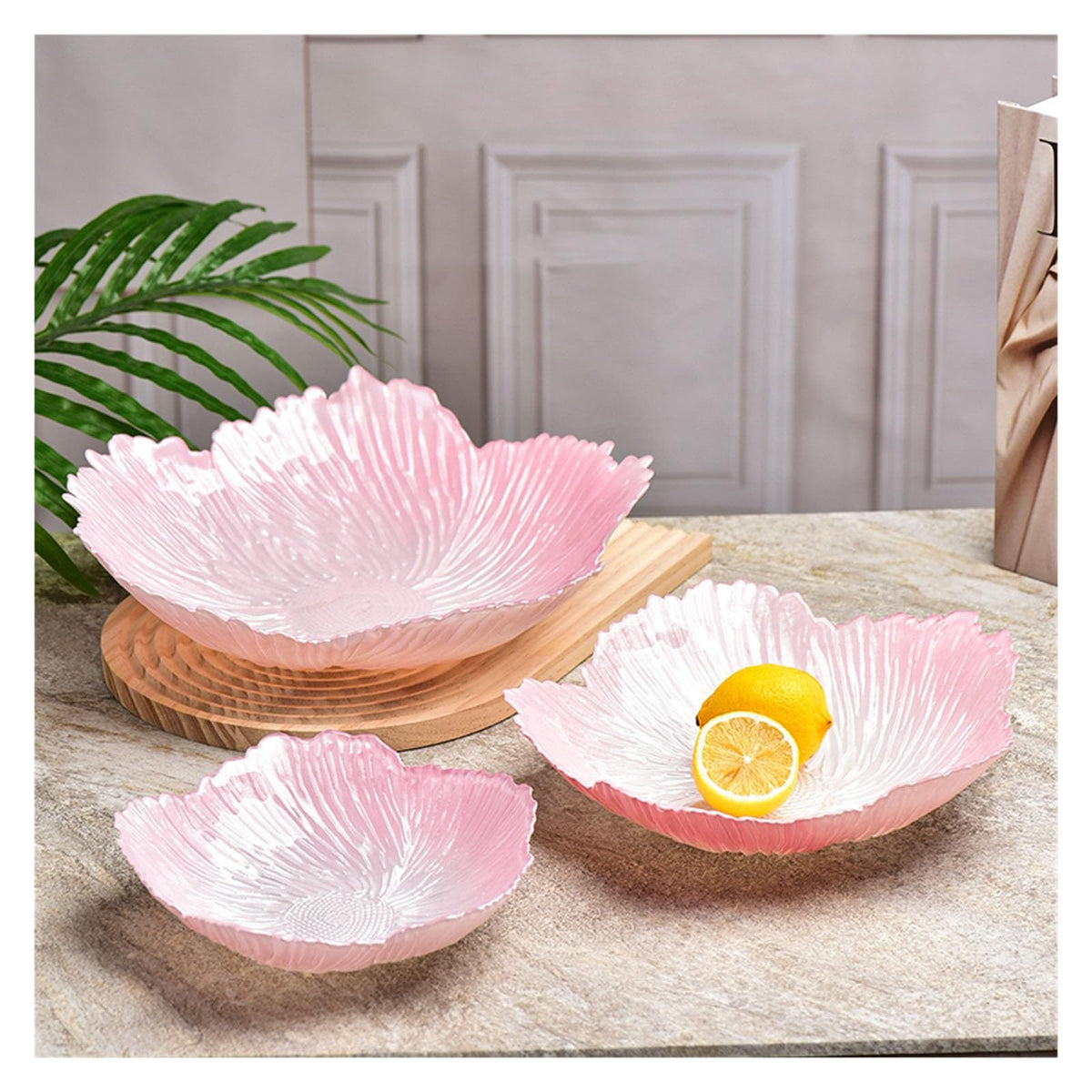 Fruit Bowl Flower Shape Fruit Plate 3 Sets Crystal Glass Pearlescent White K664228
