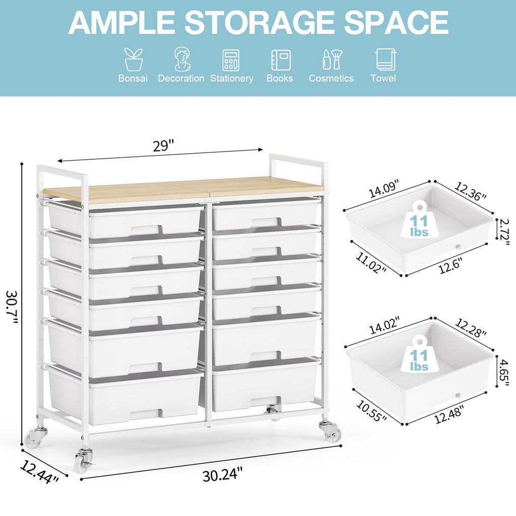White 12 Drawers Rolling Storage Cart with Wooden Top R301007