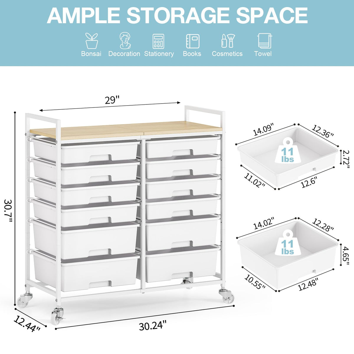 White 12 Drawers Rolling Storage Cart with Wooden Top R301007