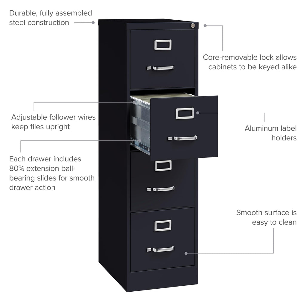 22" Deep 4 Drawer Letter Width Steel Vertical File Cabinet, Black D80825