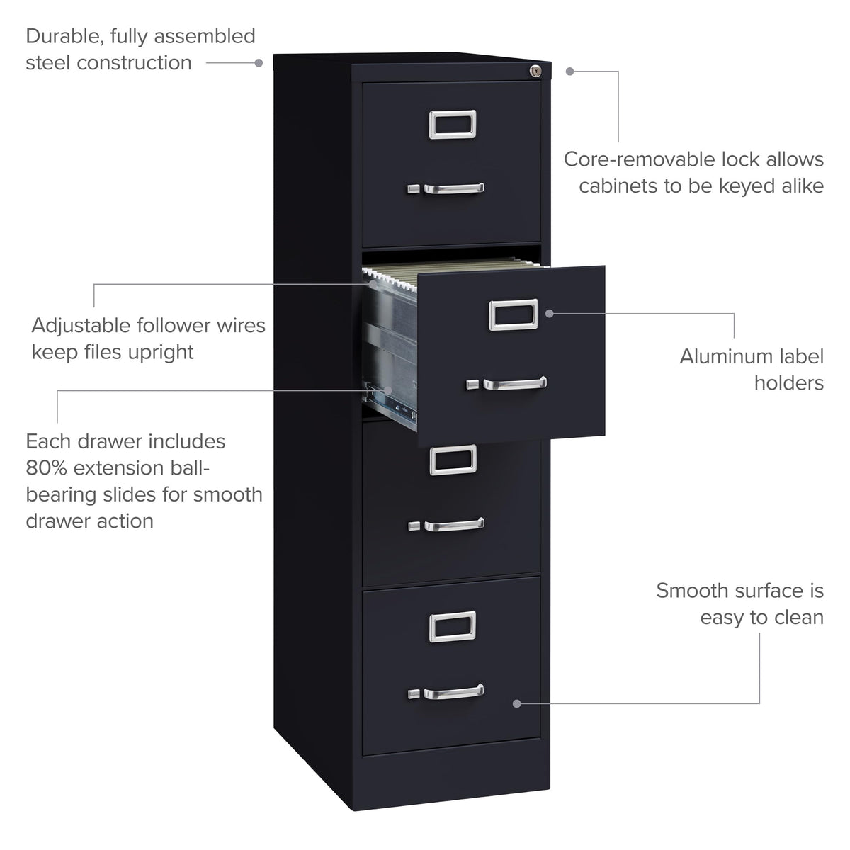 22" Deep 4 Drawer Letter Width Steel Vertical File Cabinet, Black D80825
