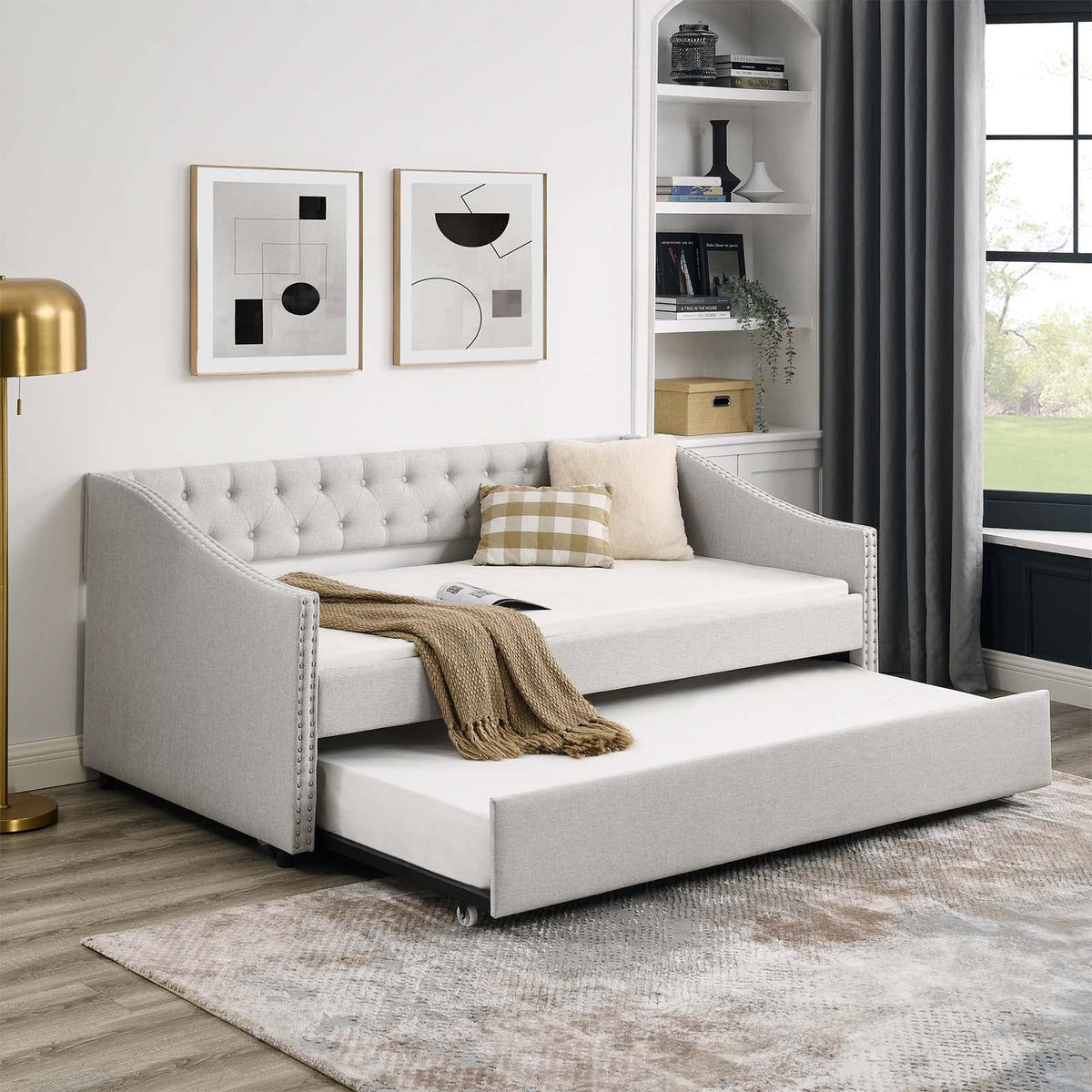 Velvet Upholstered Twin Size Daybed with Trundle L892114