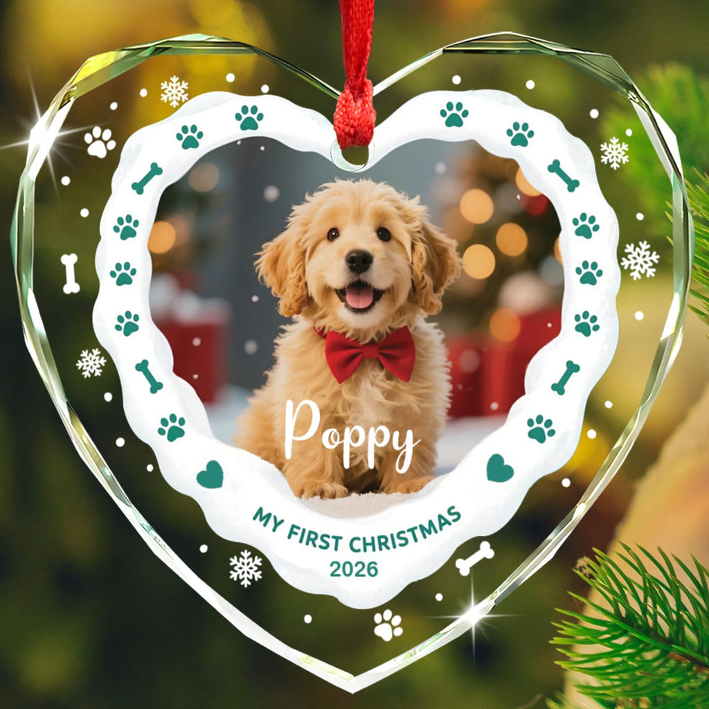 Personalized Dog's Name & Photo Heart Glass Ornament A3071