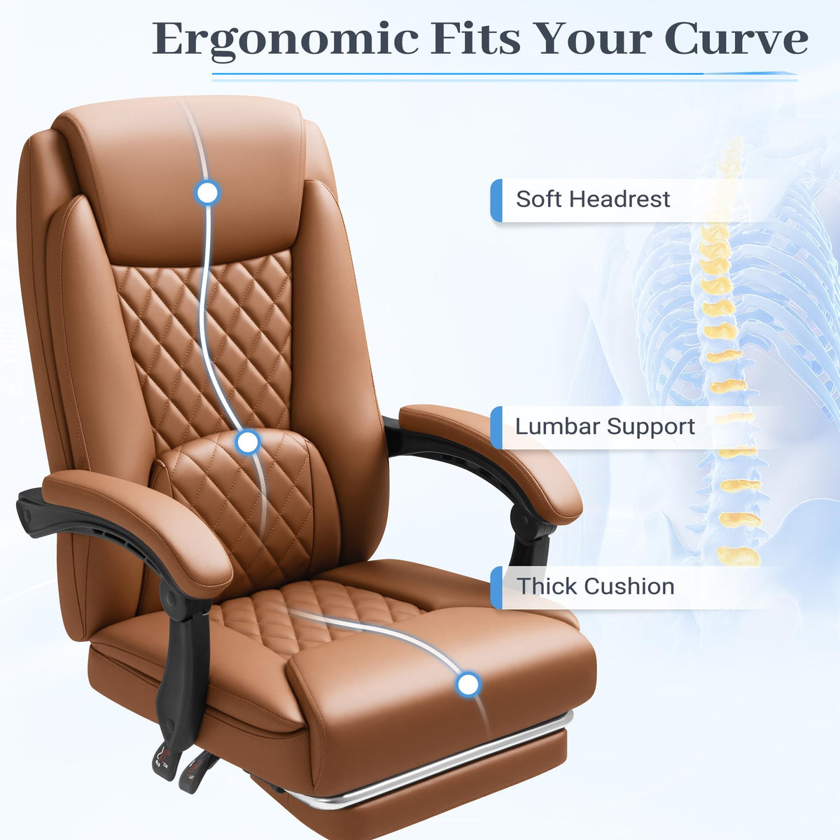 Brown Leather Ergonomic High Back Office Chair with Footrest J336