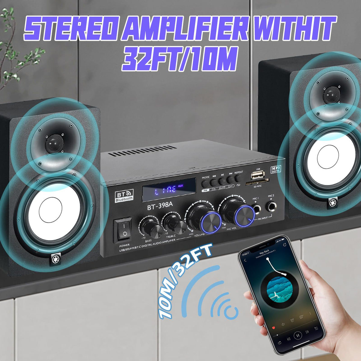 Bluetooth 5.0 Stereo Receivers, 2 Channel 450W Home Amplifier R6519