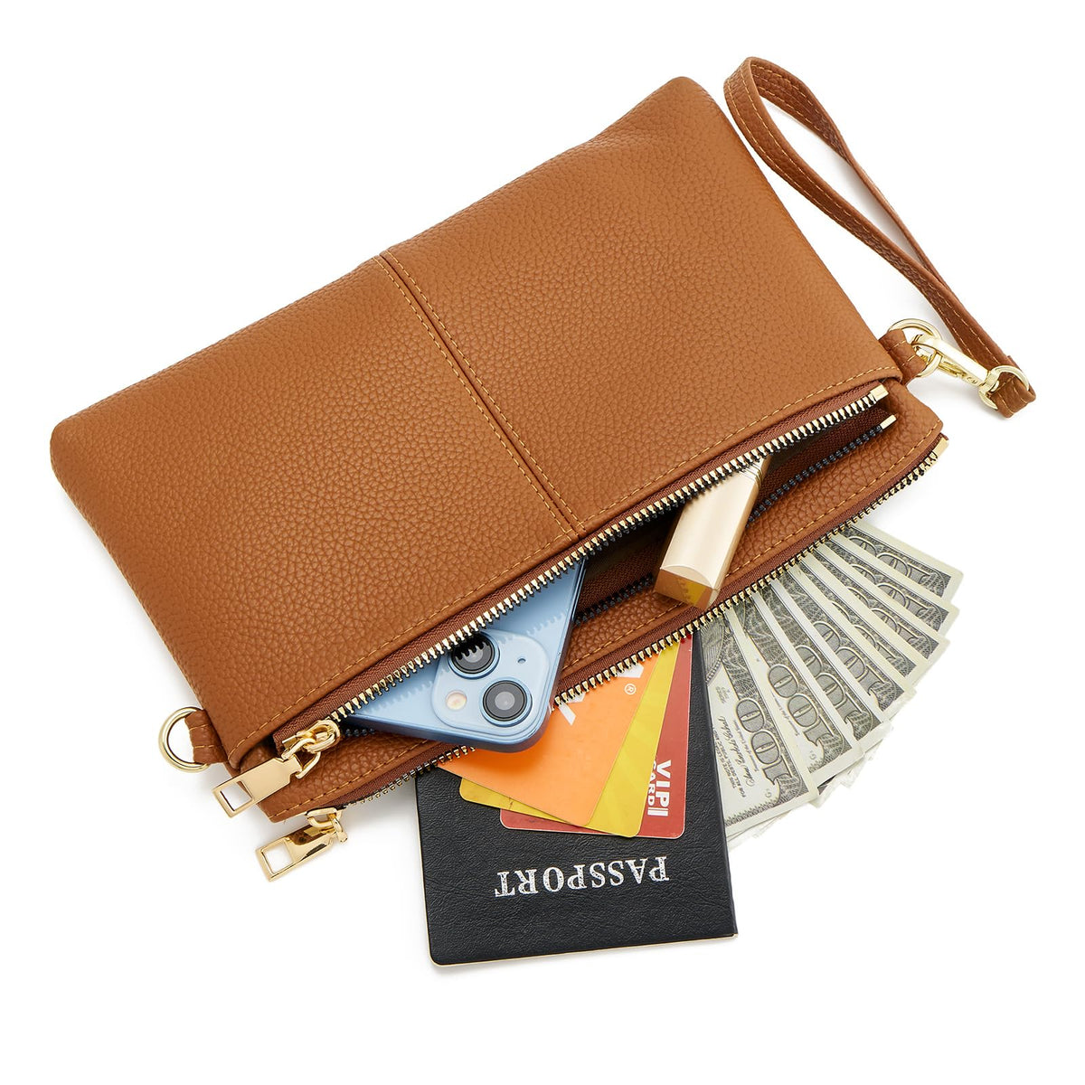 Small Triple Zip Crossbody Bag Vegan Leather Wristlet Clutch J7263