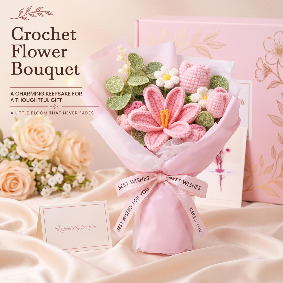 10 PCS Pink Gift Basket with Blanket, Tumbler & Crochet Flowers V903932