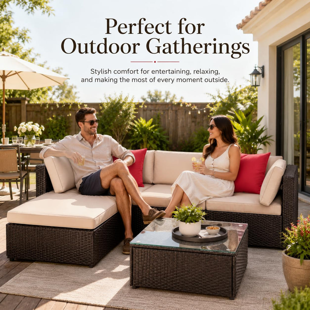 5-Piece Brown Wicker Outdoor Sofa Set with Cushions G696